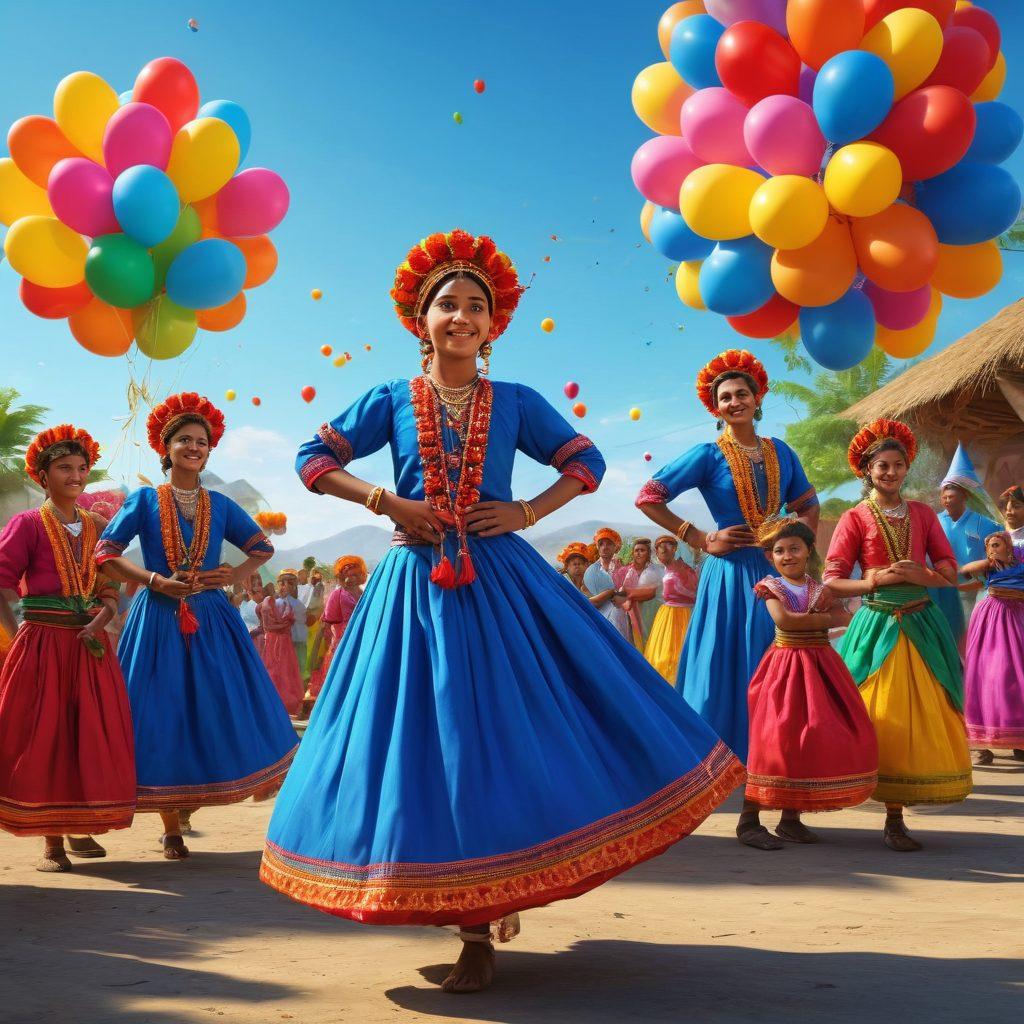 A vibrant celebration scene showcasing traditional Kudurdum festivities with colorful costumes, musicians playing folk instruments, and children participating in joyful dances under a clear blue sky adorned with balloons. Include elements of local flora and traditional handicrafts on display, radiating a sense of community and joy. super-realistic. vibrant colors. 3D.