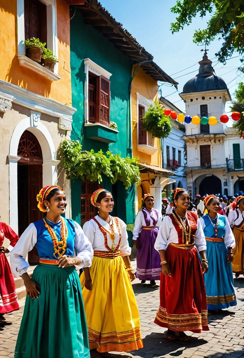 A vibrant street scene in Kudurdum showcasing local heritage, with colorful traditional costumes worn by joyful people engaging in cultural activities like dance and music. Include historic architecture in the background, lush greenery, and festive decorations that capture the essence of the community's joy and heritage. super-realistic. vibrant colors. sunny atmosphere.