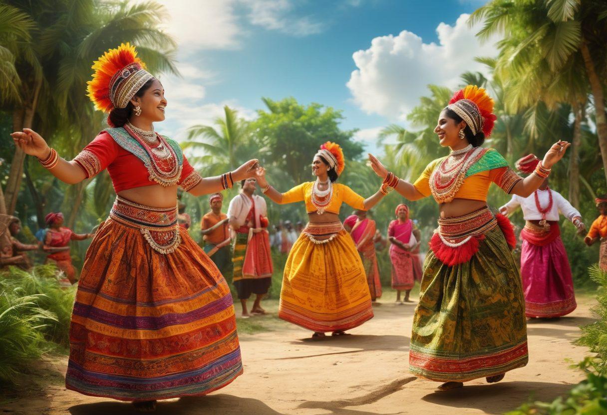 A vibrant celebration scene showcasing the Kudurdum culture, featuring individuals joyfully participating in traditional dances, adorned in colorful garments with intricate patterns. Include elements like traditional music instruments and festive decorations, surrounded by lush greenery and a bright sky. The atmosphere should exude happiness and community spirit. super-realistic. vibrant colors. dynamic composition.